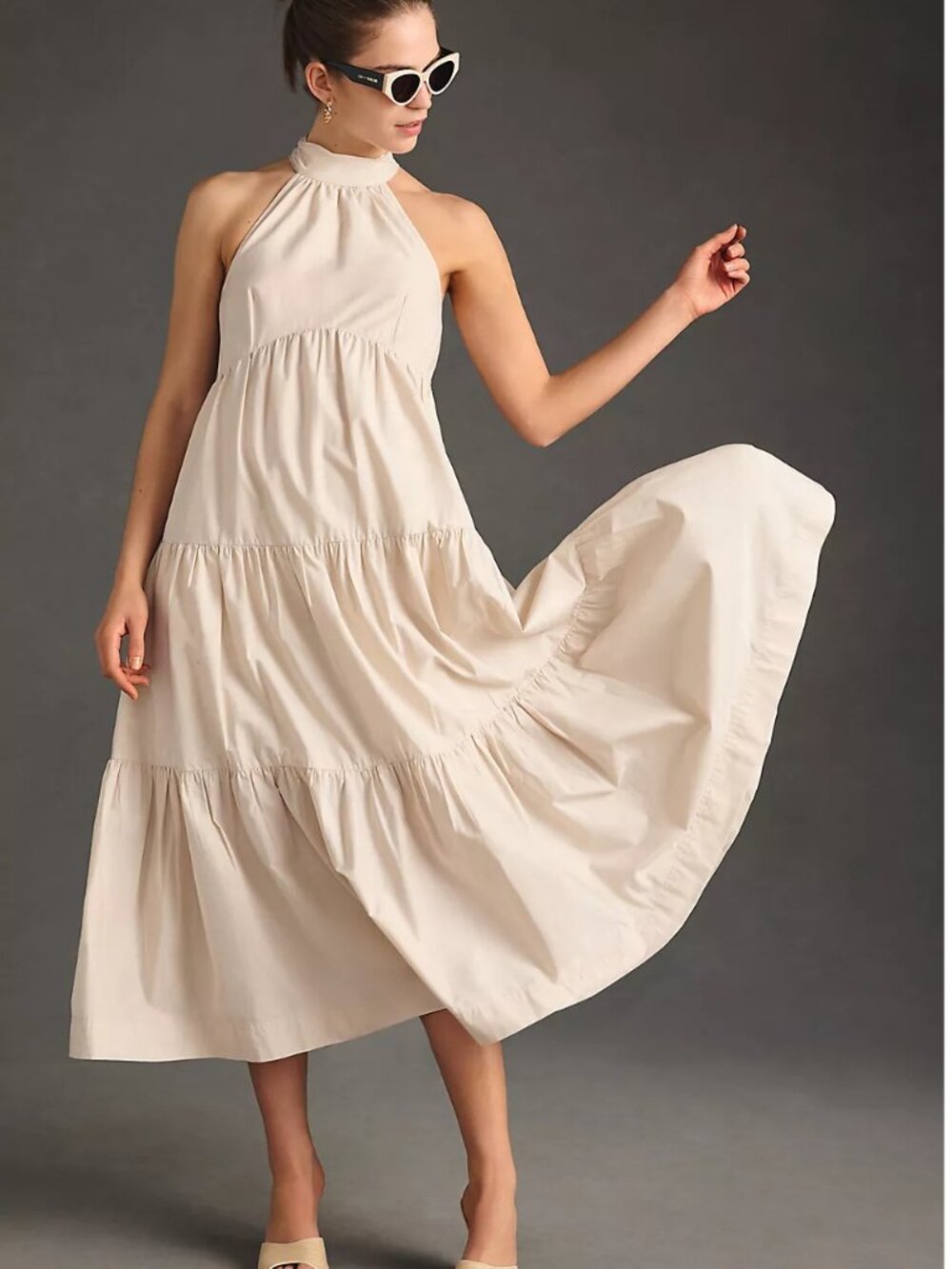 Anthropologie Maeve Tiered Halter Midi Dress Size 0 Color Oyster